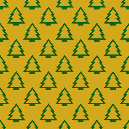 Pattern from green Christmas trees on a yellow background. Background for New Year and Christmas.の写真素材