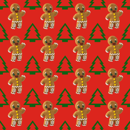 Continuous pattern of a gingerbread man and a Christmas tree on a red background. New Year and...