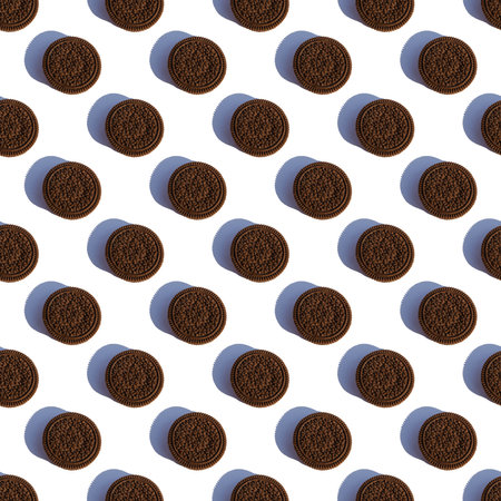 Continuous pattern of chocolate chip cookies with a shadow on a white background. isolated.の写真素材