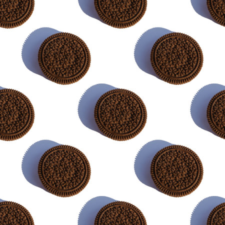 Continuous pattern of chocolate chip cookies with a shadow on a white background. isolated.の写真素材