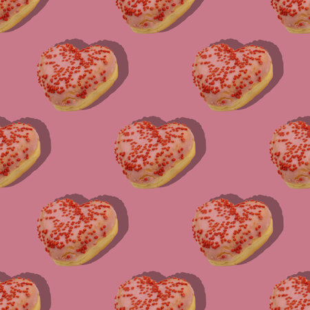 Pattern of heart shaped strawberry flavored donuts with shadow on pink background.の写真素材