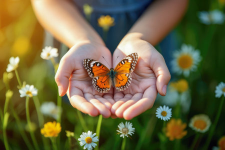 Children's hands hold a beautiful butterfly. A girl holds a butterfly in her palms in a chamomile field.の素材