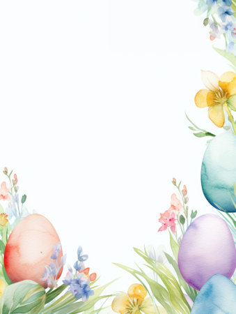 Watercolor drawing. White background framed with a pattern of flowers and Easter eggs. Copy space.の素材