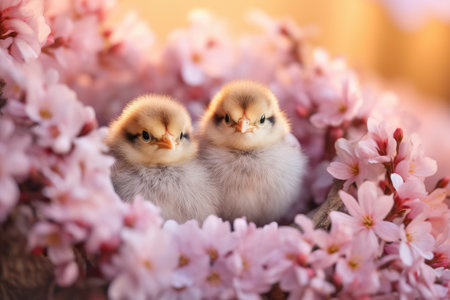 Two little chicks are in a nest of pink flowers. Realistic.の素材