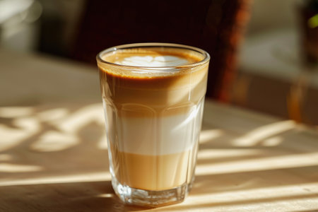 Latte macchiato coffee in a glass glass stands on the table in the glare of sunny morning light. Close-up.の素材