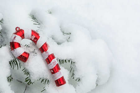A Christmas tree toy in the form of a cane is located on a snow-covered spruce branch.の写真素材