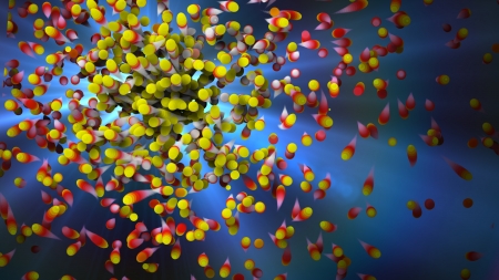 Design template. 3D. Beautiful abstract blue background with many colorful beadsの写真素材