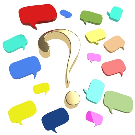 Colorful speech bubbles and dialog balloons with a large gold question markの写真素材