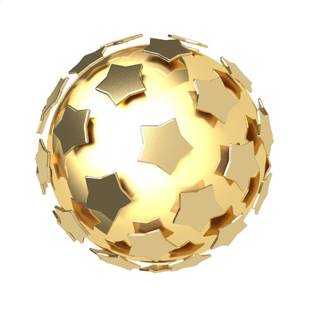 golden stars composition around gold glossy sphere isolated on white backgroundの写真素材