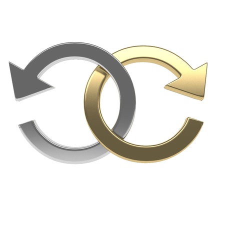 Gold arrows cross on white backgroundの写真素材