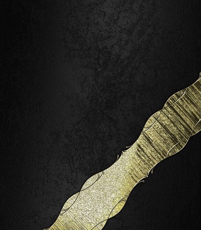 Abstract black background with gold ribbon with gold trim. Design template. Design for siteの写真素材