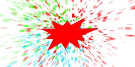 Red sign over colorful confetti background.