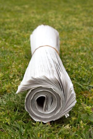 A home delivered newspaper on the lawn, focus on end.の写真素材