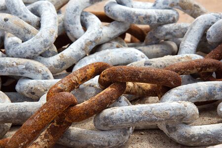 Rusty, weathered chains from a boat deck.