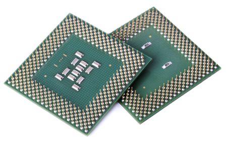two computer processors, isolated on a white background.の写真素材