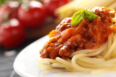 Spaghetti with a Bolognese and vegetable sauce.の写真素材