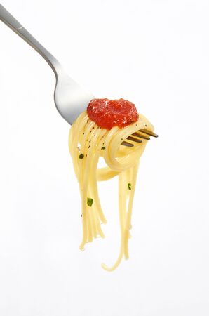 Fork roll with spaghetti with tomato sauceの写真素材