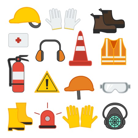 set of vector illustration safety equipment for construction and industrial vest shoes glove respirator helmet ear fire flat designのイラスト素材