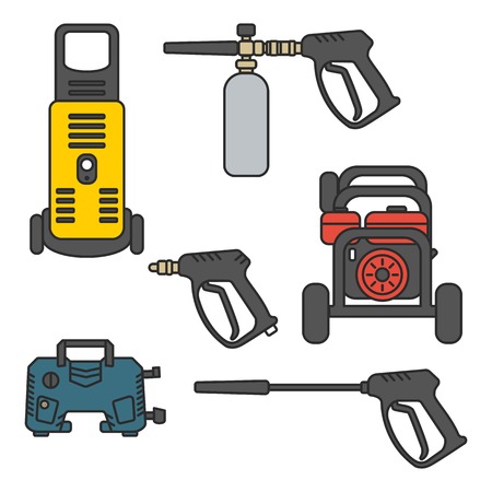 set of vector illustration pressure washer machine electric with spray gun equipment flat design styleのイラスト素材