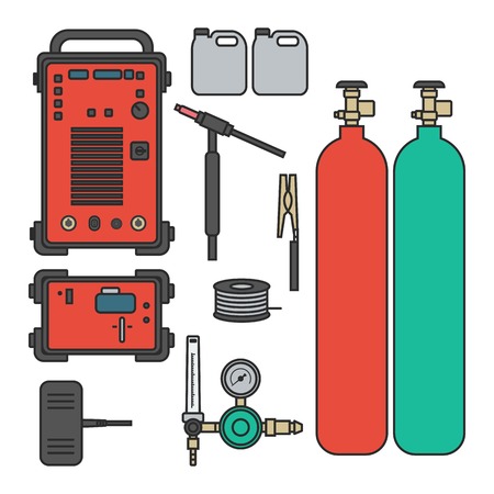 set of vector illustration gas welding argon machine with regulator tank torch for industrial construction and metal working flat design styleのイラスト素材