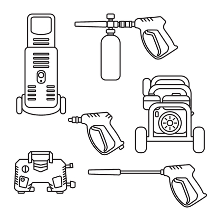 set of vector illustration pressure washer machine electric with spray gun equipment flat design silhouette styleのイラスト素材