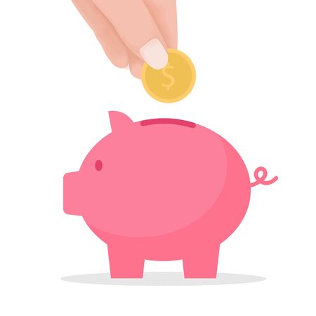 hand put coin to piggy bank. crowd funding and savings concept. Vector flat cartoon illustration for web sites and banners design.のイラスト素材