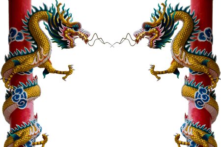 Twin Golden Chinese Dragon Wrapped around red pole on isolate background  の写真素材