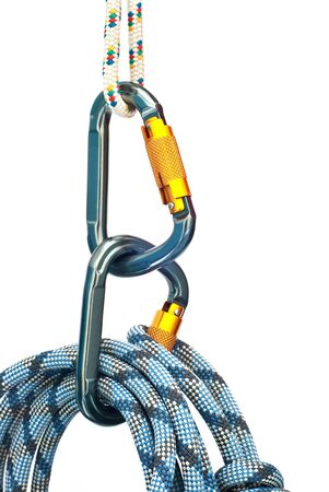Isolated new climbing equipment - carabiners and blue ropeの写真素材
