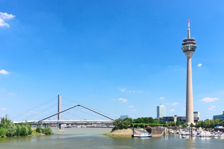Media Port (Medienhafen) and Rheinturm tower Dusseldorfの写真素材