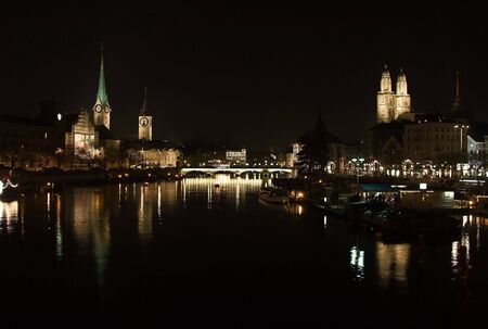 Night view of the famous Zurich churches (Winter 2009, Switzerland)の写真素材