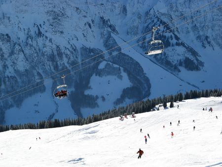 Skiing in swiss alps (Elm, Switzerland)の写真素材