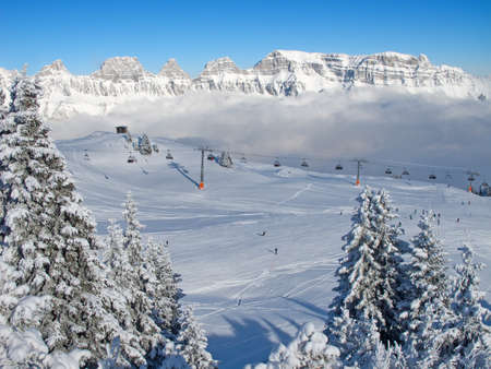 Slope on the skiing resort Flumserberg. Switzerlandの写真素材