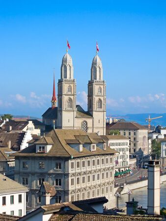 Limmat river and famous Zurich churchesのeditorial素材