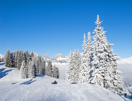 Slope on the skiing resort Flumserberg. Switzerlandの写真素材