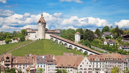 View on Rhine river and famous Munot fortifiction. Schaffhausen, Switzerland.の写真素材