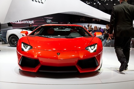GENEVA - MARCH 8: The Lamborghini Aventador on display at the 81st International Motor Show Palexpo-Geneva on March 8; 2011  in Geneva, Switzerland.のeditorial素材