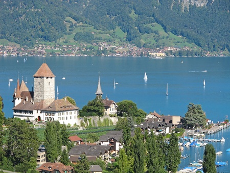Spiez castle on lake Thun (Jungfrau region, canton Bern, Switzerland)の写真素材