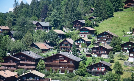 Famous village Lauterbrunnen in swiss alps - starting point for train tours in the Jungfrau regionのeditorial素材