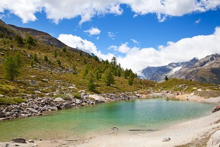 Hiking near famous mountain Matterhorn (peak Cervino)の写真素材