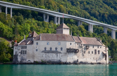 Old castle in the Lavaux region over lake Leman (lake of Geneva)のeditorial素材