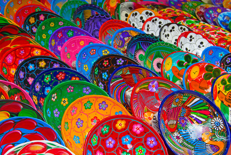 Colorful traditional mexican ceramics on the street marketの写真素材