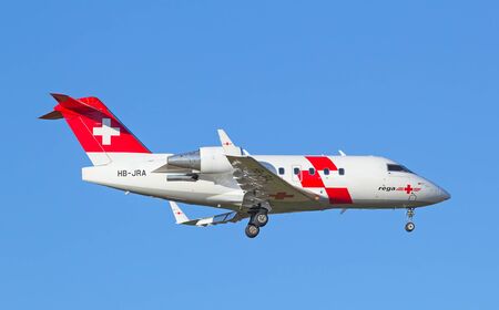 ZURICH - JULY 18: REGA Air Ambulance landing in Zurich after short haul flight on July 18, 2015 in...