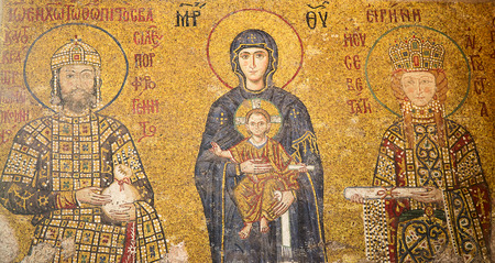 ISTANBUL - MAY 3: Interior of the "Aya (Hagya) Sophia" church converted into mosque on Mal 3, 2015 in Istanbul,Turkey. Mosaic completed by unknown artist in XII century is famous sample of byzantine mosaic artwork.のeditorial素材