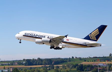 ZURICH - July 30:  A-380 Singapore Airlines taking off at Zurich Airport on July 30, 2016 in Zurich, Switzerland. Zurich airport is home port for Swiss Air and one of the european hubs.のeditorial素材