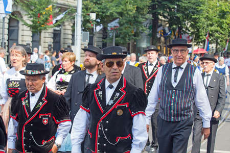 ZURICH - AUGUST 1: Swiss National Day parade on August 1, 2016 in Zurich, Switzerland. Representatives of canton Appenzeller in a historical costume.のeditorial素材