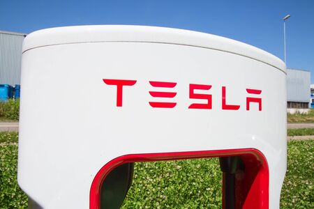 ZURICH - July 30:  Tesla Supercharger station on July 30, 2016 in Zurich, Switzerland. Tesla motors develops network of the charging stations across Europe and World.のeditorial素材