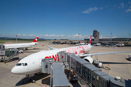 ZURICH - July 30:  Planes preparing for take off at Terminal A of Zurich Airport on July 30, 2016 in...