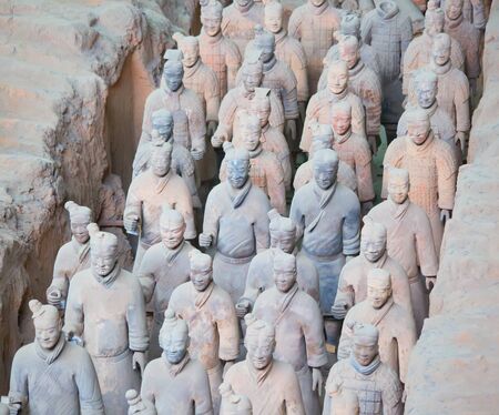 Famous Terracotta Army in Xi'an, China. The mausoleum of Qin Shi Huang, the first Emperor of China contains collection of terracotta sculptures depicting the armored men and horses.のeditorial素材