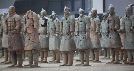 XIAN, CHINA - October 8, 2017: Famous Terracotta Army in Xi'an, China. The mausoleum of Qin Shi Huang, the first Emperor of China contains collection of terracotta sculptures depicting the armored men and horses.のeditorial素材