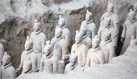 XIAN, CHINA - October 8, 2017: Famous Terracotta Army in Xi'an, China. The mausoleum of Qin Shi Huang, the first Emperor of China contains collection of terracotta sculptures of armored men and horses.のeditorial素材